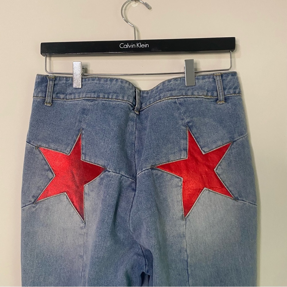 Nasty Gal Light Blue Flare Jeans with Red Star Accents - Picture 7 of 8